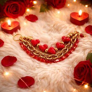 Tripple Strand Matte Gold and red heart Bracelet